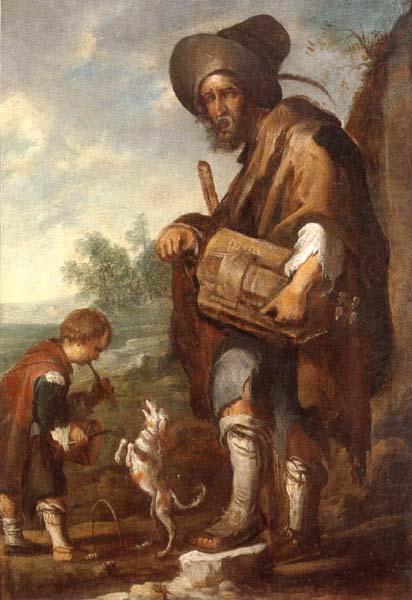 A Blind man playing a hurdy-gurdy,together with a young boy playing the drums,with a dancing dog, unknow artist